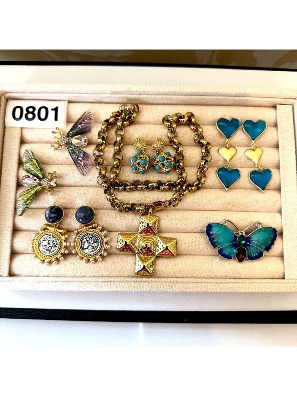 Costume Jewelry Lot Necklaces Pierced Earrings Brooches Bugs Coins Cross
